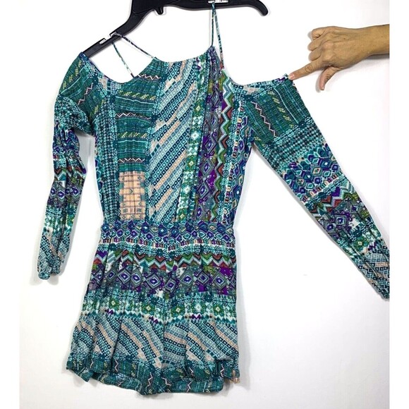 Umgee Womens Large Romper Blue Teal Aztec Print Boho Festival Hippie Summer - Picture 6 of 12